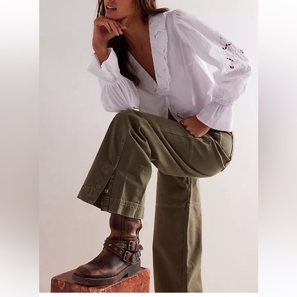 NWT Free People 🎉host pickx4🎉🎈 Benji relaxed fit wide leg jeans in army green - Picture 9 of 11